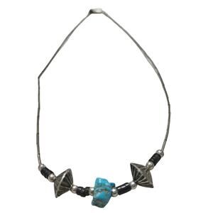 1970s Sterling Silver Liquid Beads Uncut Turquoise Black Stone Necklace